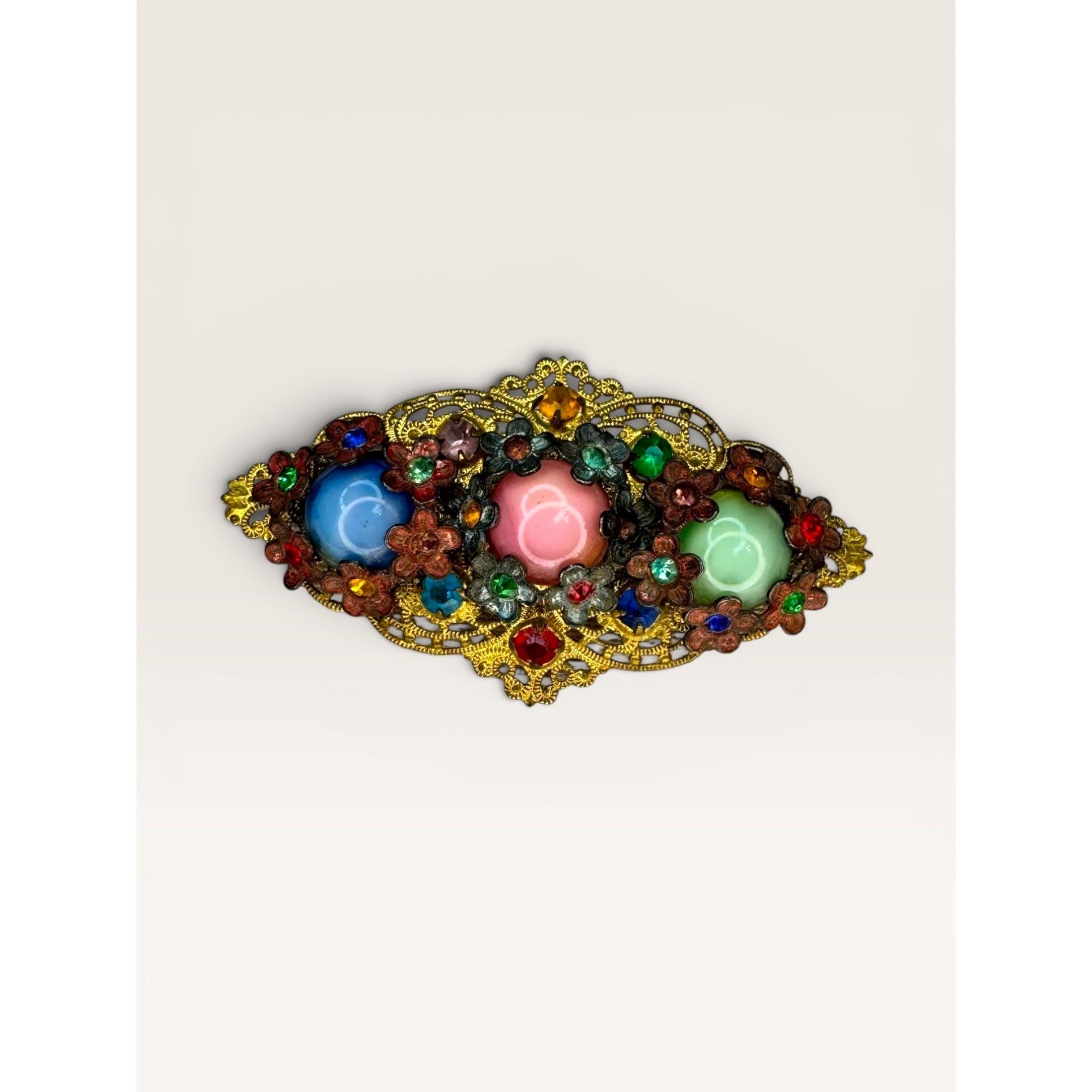 Art Deco Uranium Glass Brass Filigree Brooch Czech Style Multi Color C Clasp
