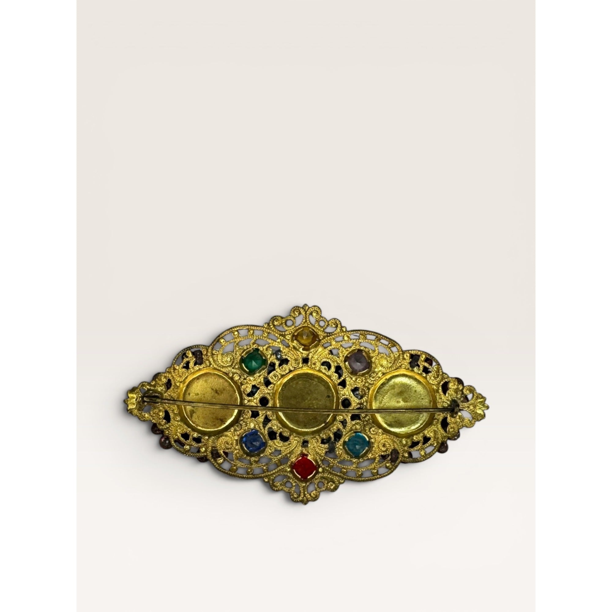 Art Deco Uranium Glass Brass Filigree Brooch Czech Style Multi Color C Clasp