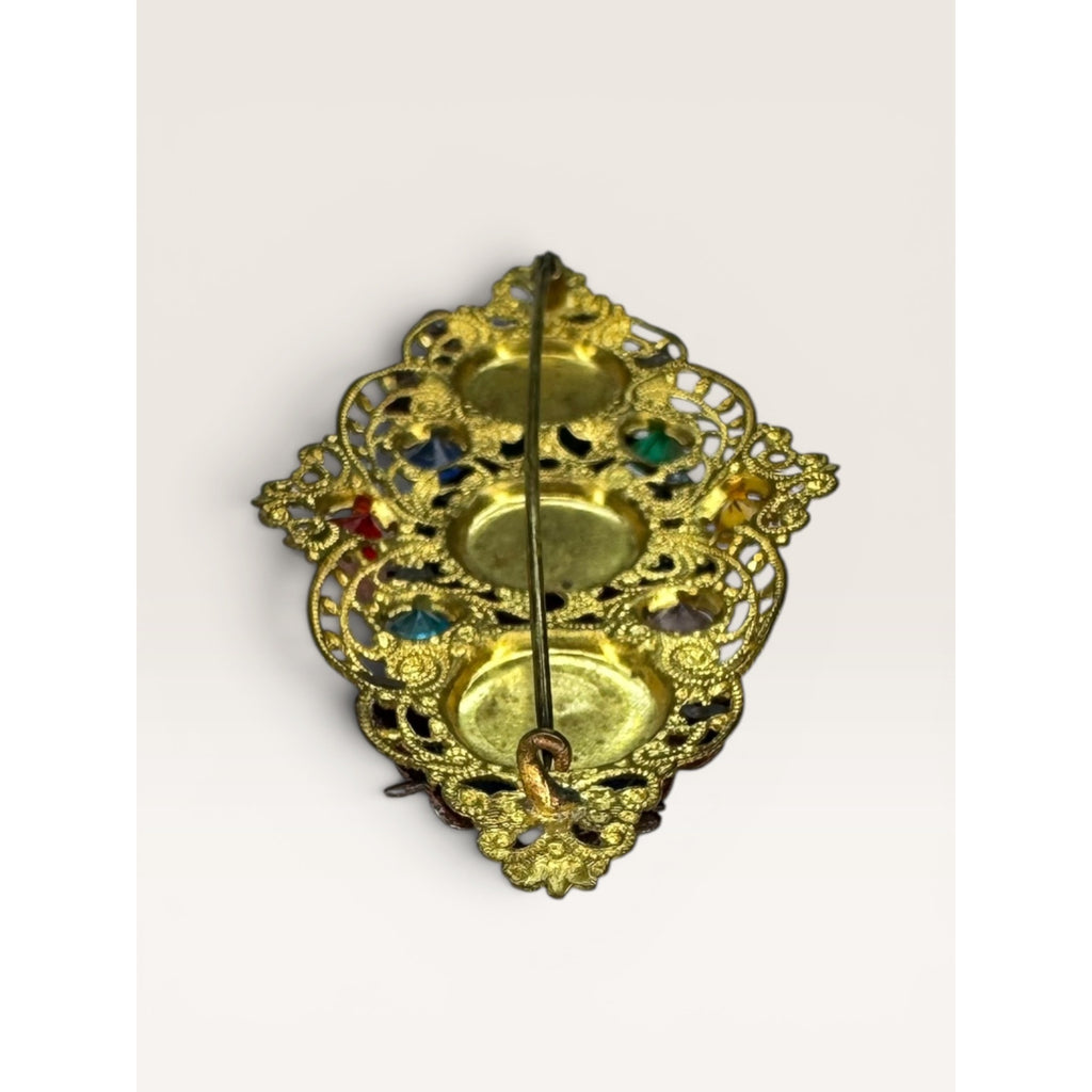 Art Deco Uranium Glass Brass Filigree Brooch Czech Style Multi Color C Clasp