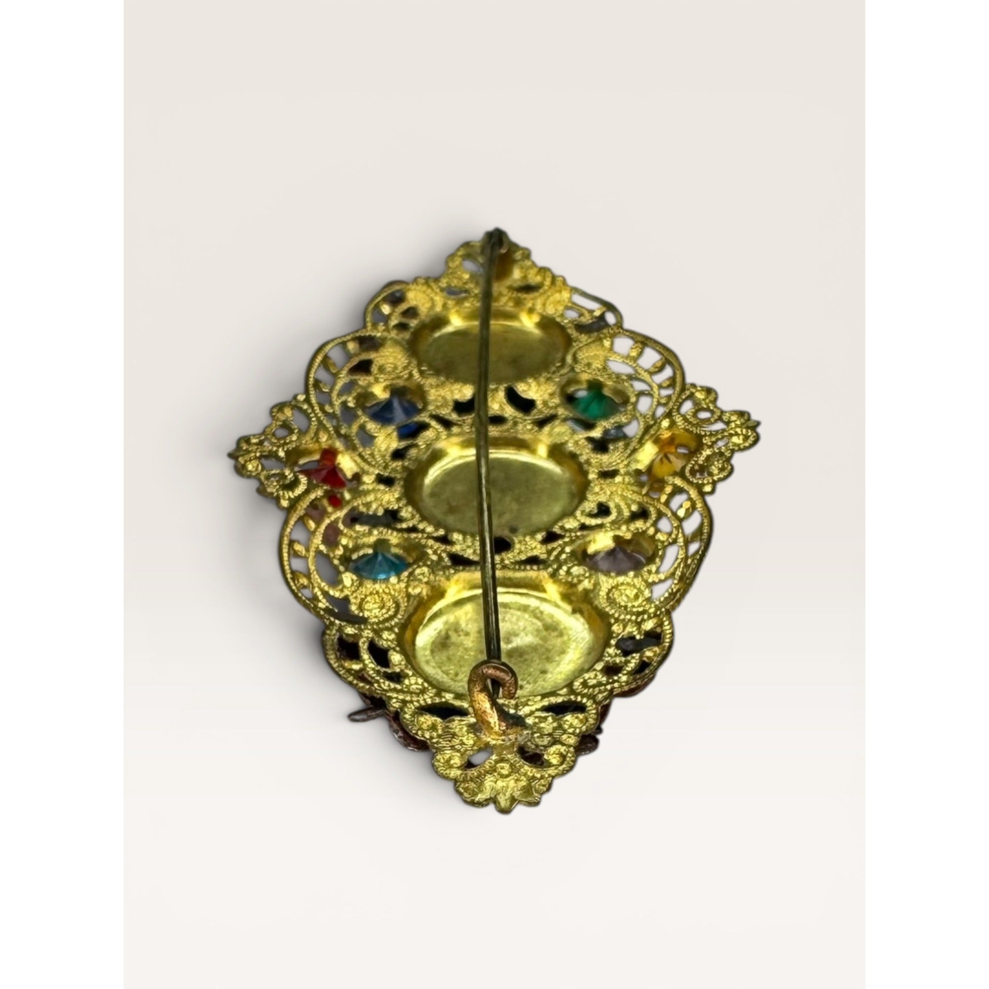 Art Deco Uranium Glass Brass Filigree Brooch Czech Style Multi Color C Clasp