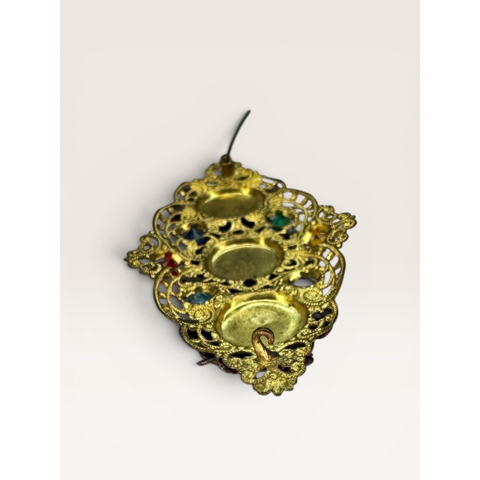Art Deco Uranium Glass Brass Filigree Brooch Czech Style Multi Color C Clasp
