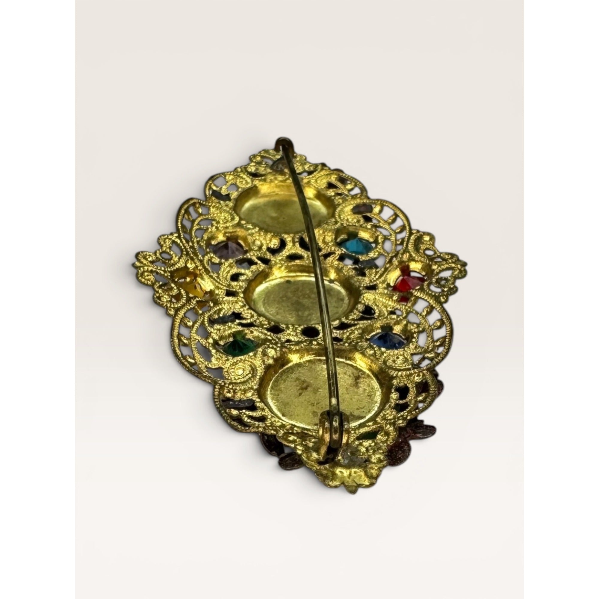 Art Deco Uranium Glass Brass Filigree Brooch Czech Style Multi Color C Clasp