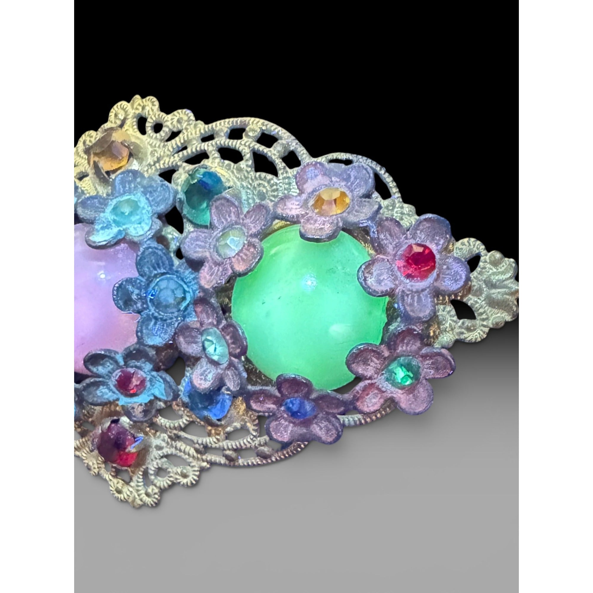Art Deco Uranium Glass Brass Filigree Brooch Czech Style Multi Color C Clasp