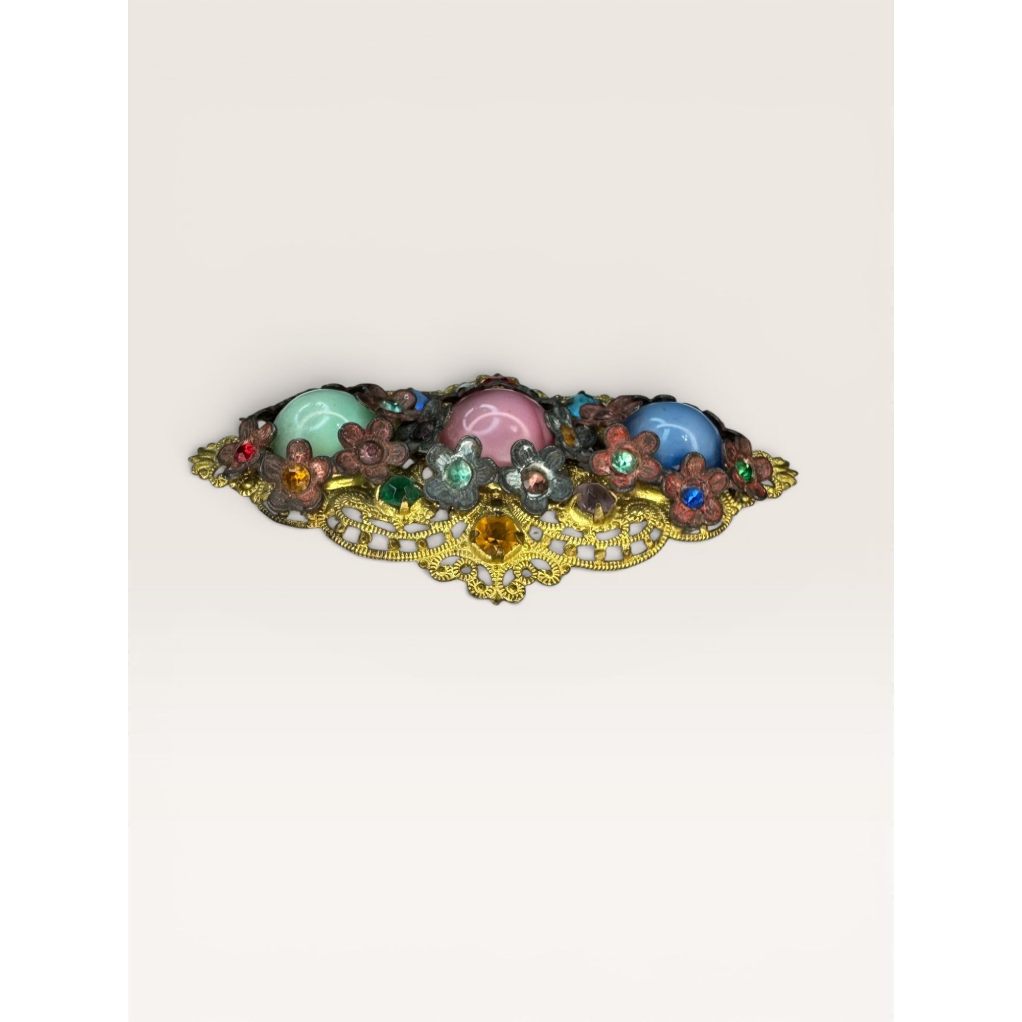Art Deco Uranium Glass Brass Filigree Brooch Czech Style Multi Color C Clasp