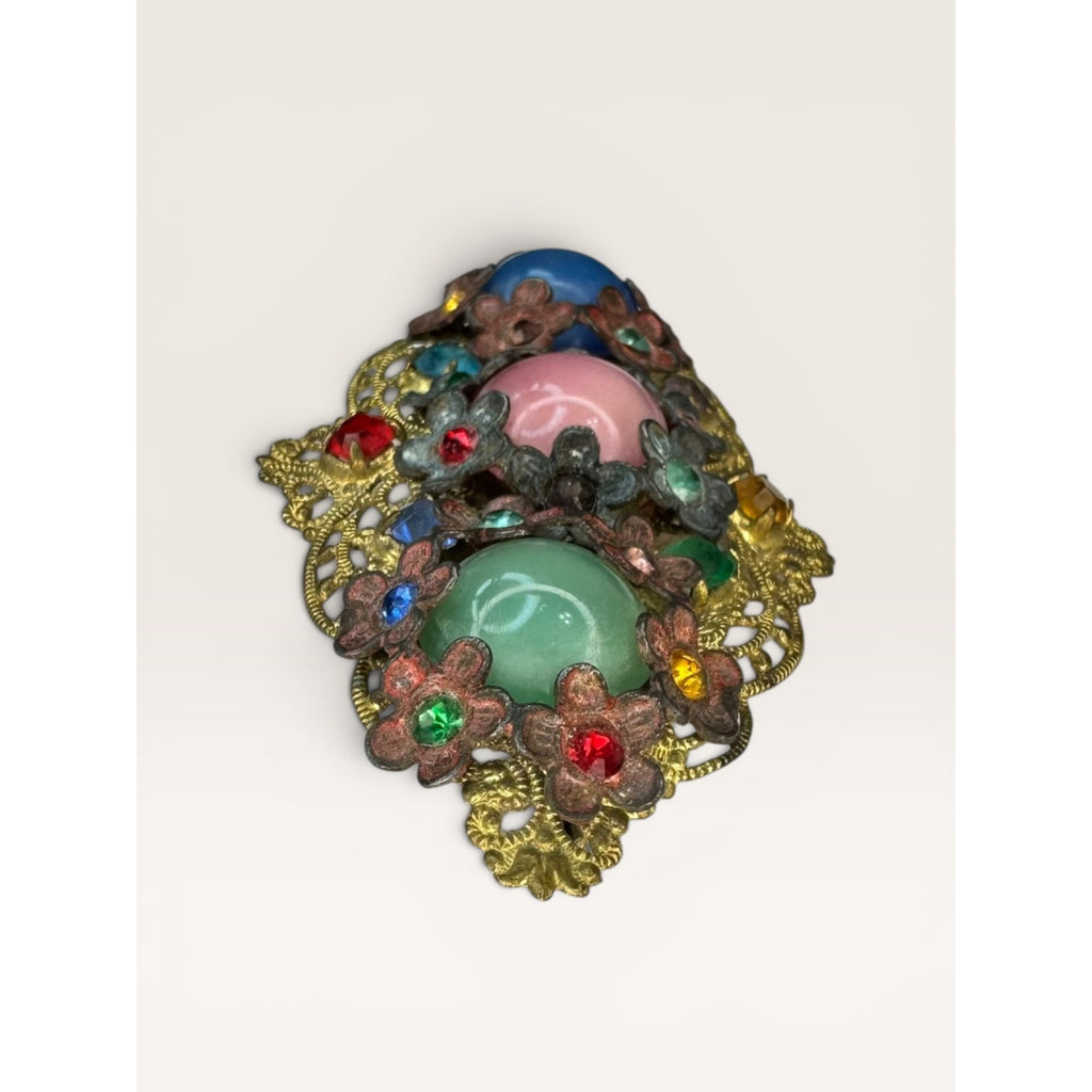 Art Deco Uranium Glass Brass Filigree Brooch Czech Style Multi Color C Clasp
