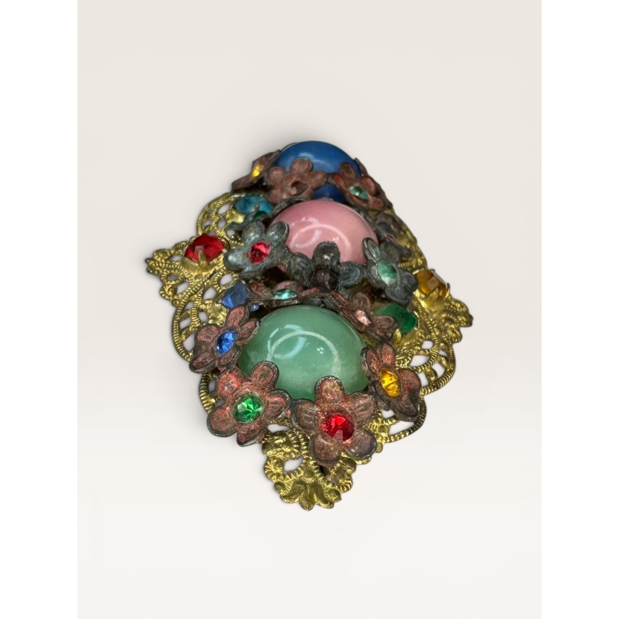 Art Deco Uranium Glass Brass Filigree Brooch Czech Style Multi Color C Clasp