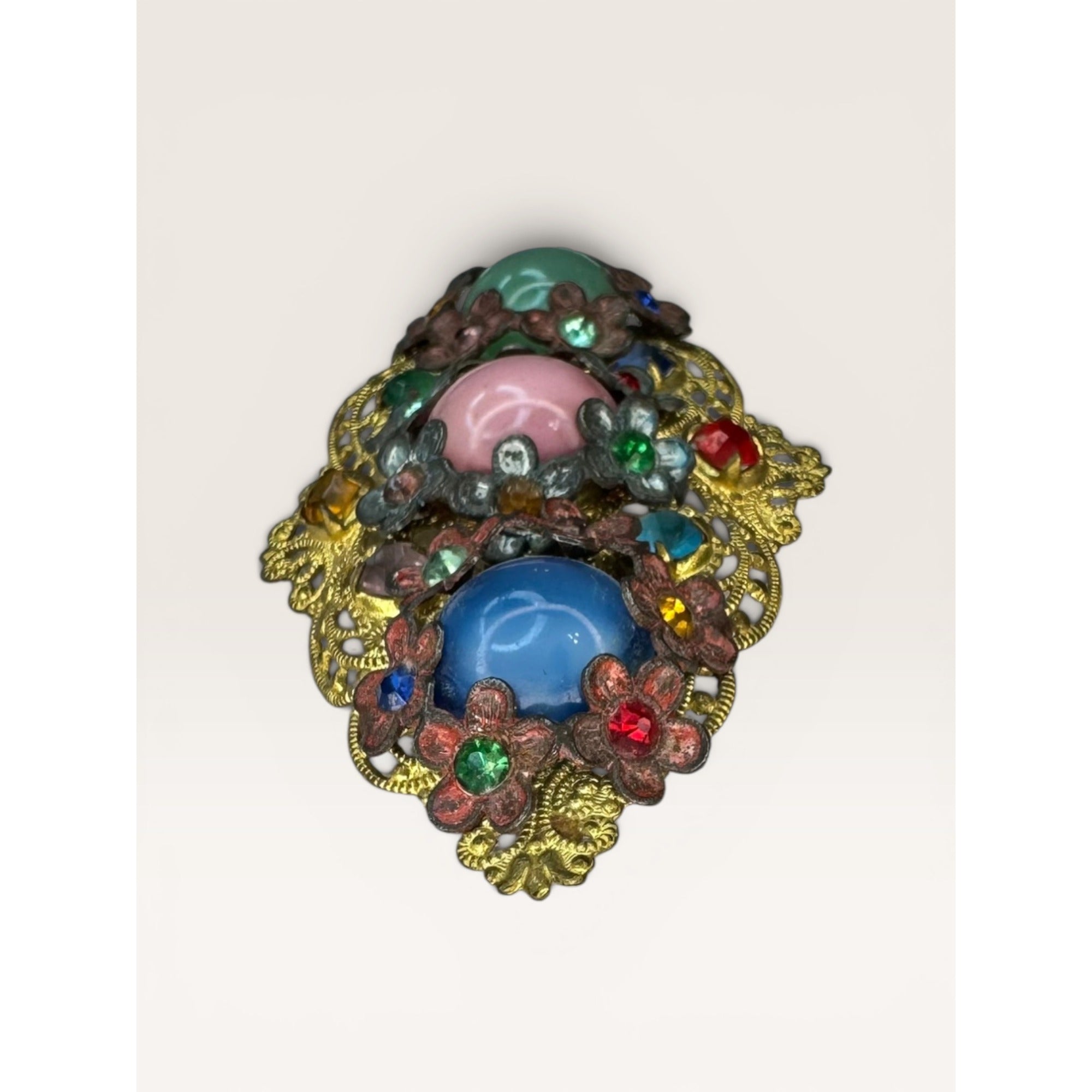 Art Deco Uranium Glass Brass Filigree Brooch Czech Style Multi Color C Clasp