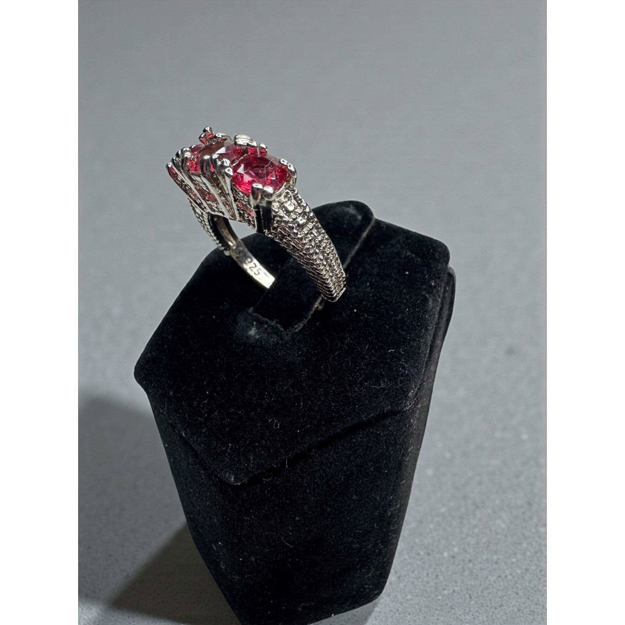Triple Pink Crystal Cocktail Ring Silver Tone Statement Ring Size 7.25