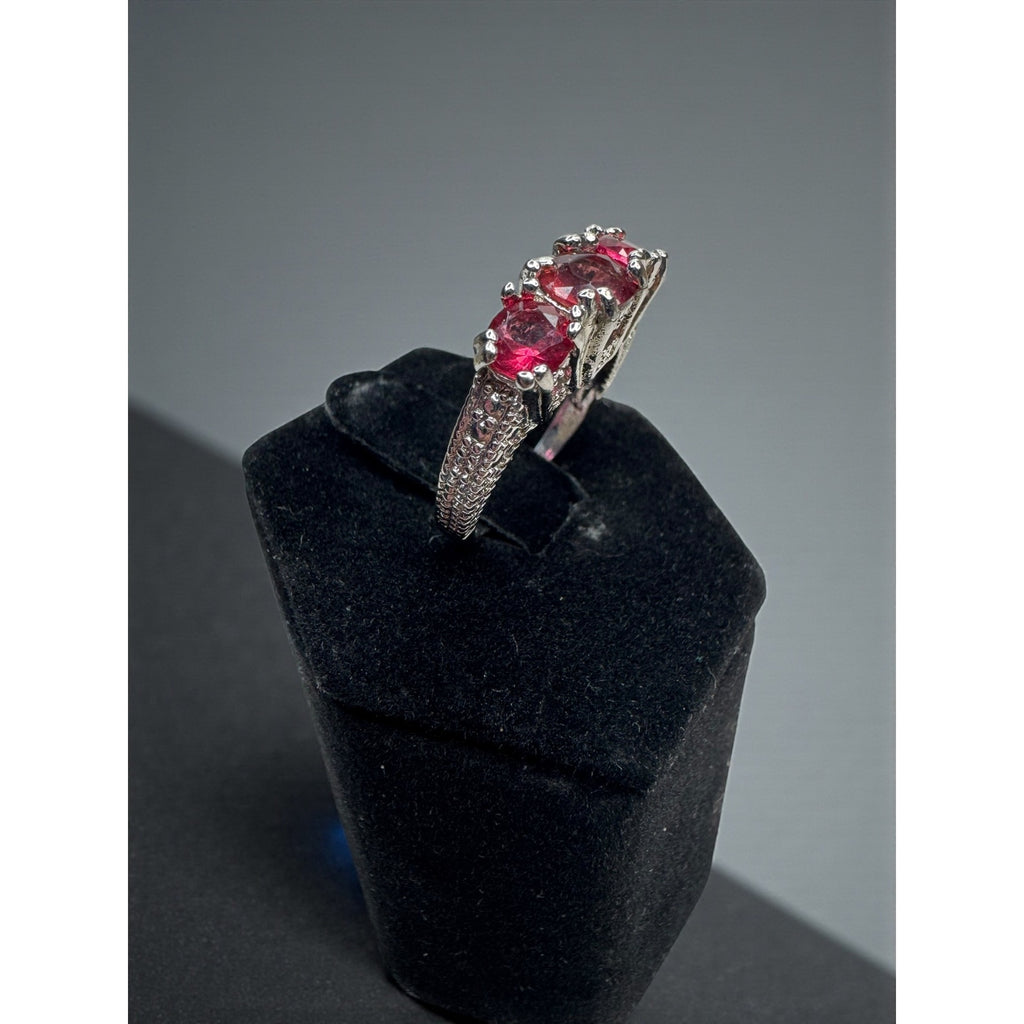 Triple Pink Crystal Cocktail Ring Silver Tone Statement Ring Size 7.25