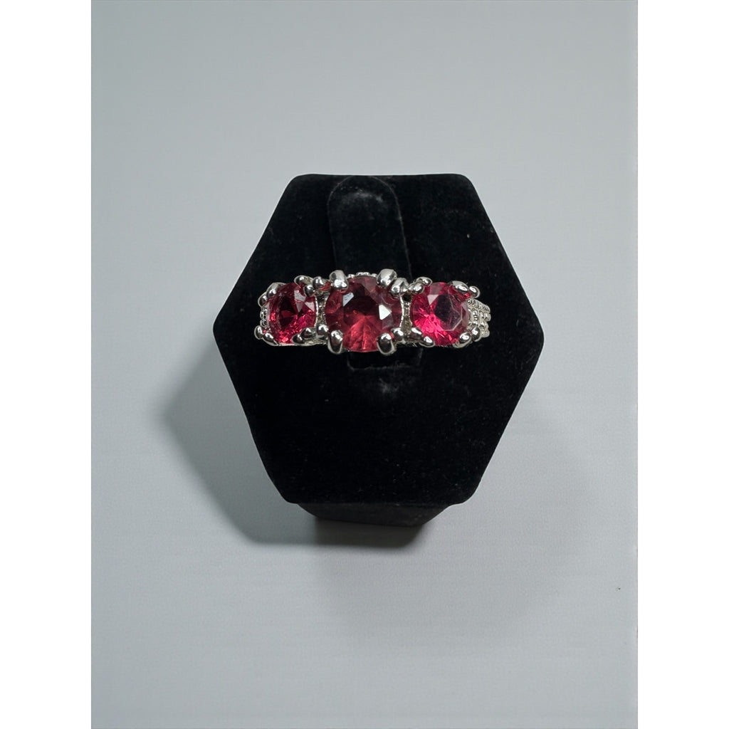 Triple Pink Crystal Cocktail Ring Silver Tone Statement Ring Size 7.25