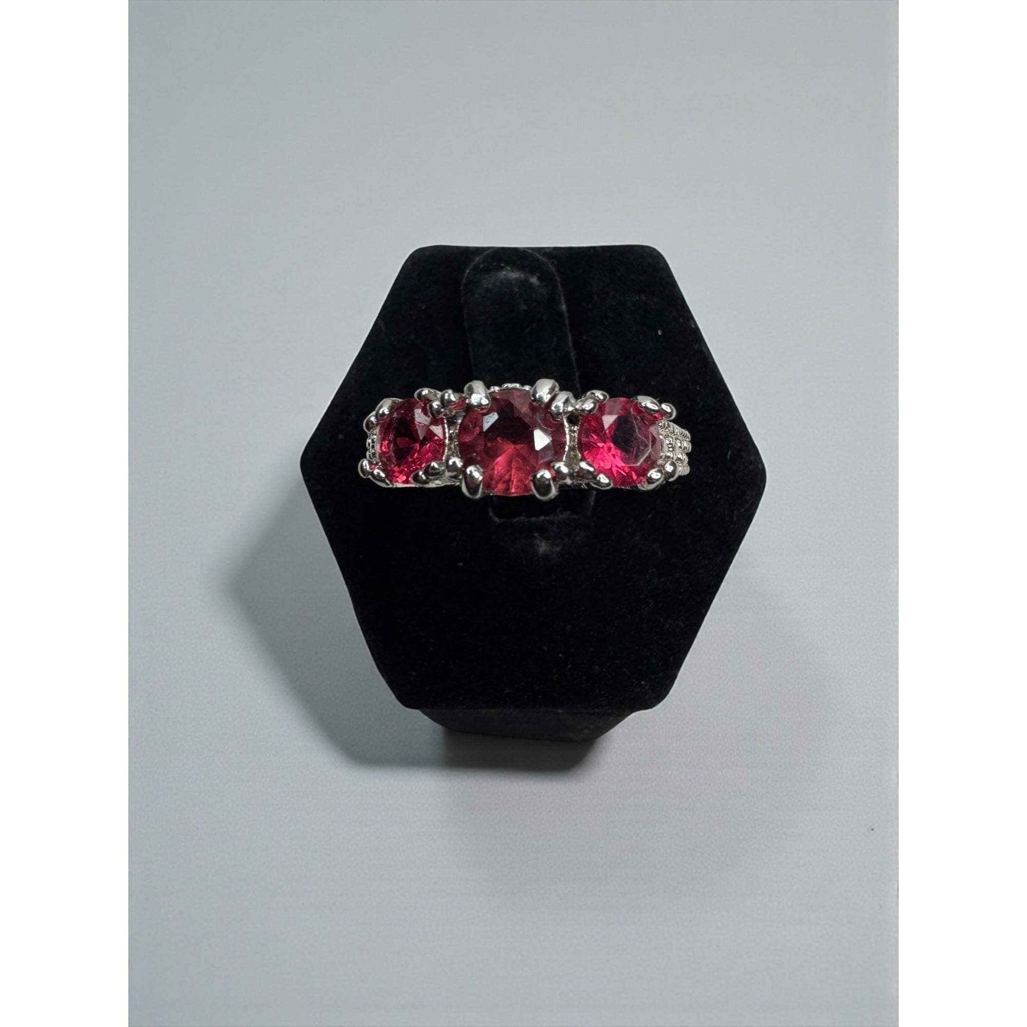 Triple Pink Crystal Cocktail Ring Silver Tone Statement Ring Size 7.25