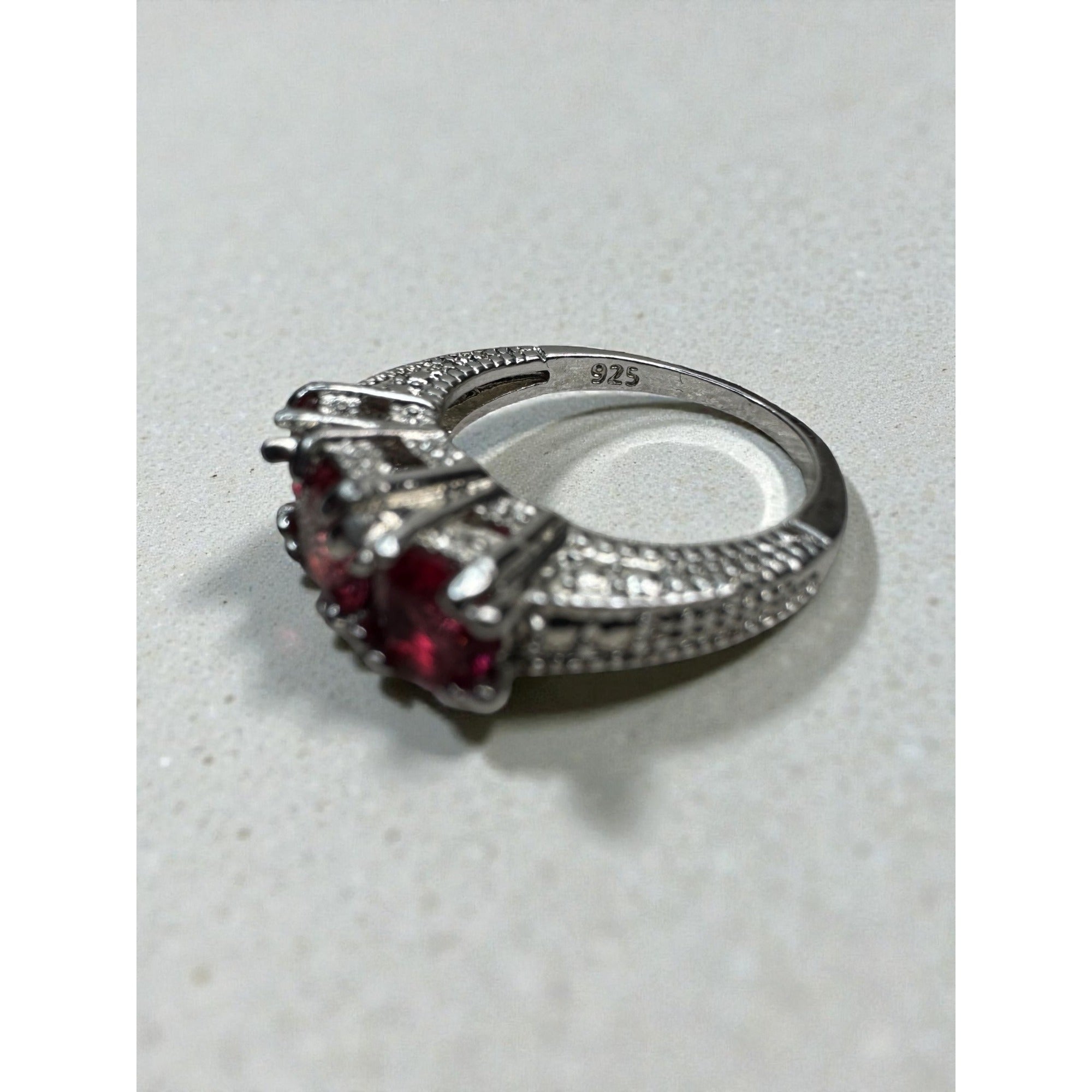 Triple Pink Crystal Cocktail Ring Silver Tone Statement Ring Size 7.25