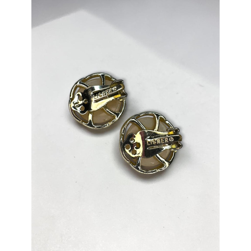 Lisner Clip On Earrings Tan Moonglow Lucite Gold Tone Round Vintage