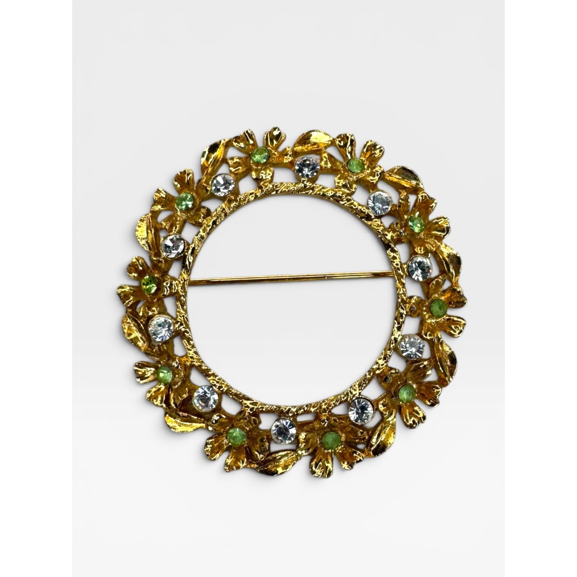 Rafaelian Floral Wreath Brooch Green White Crystal Gold Tone Pin