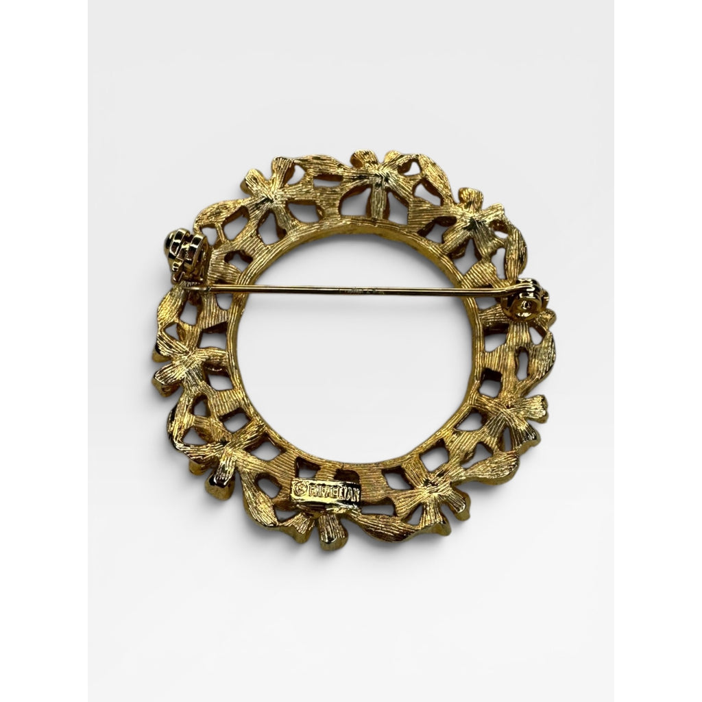 Rafaelian Floral Wreath Brooch Green White Crystal Gold Tone Pin