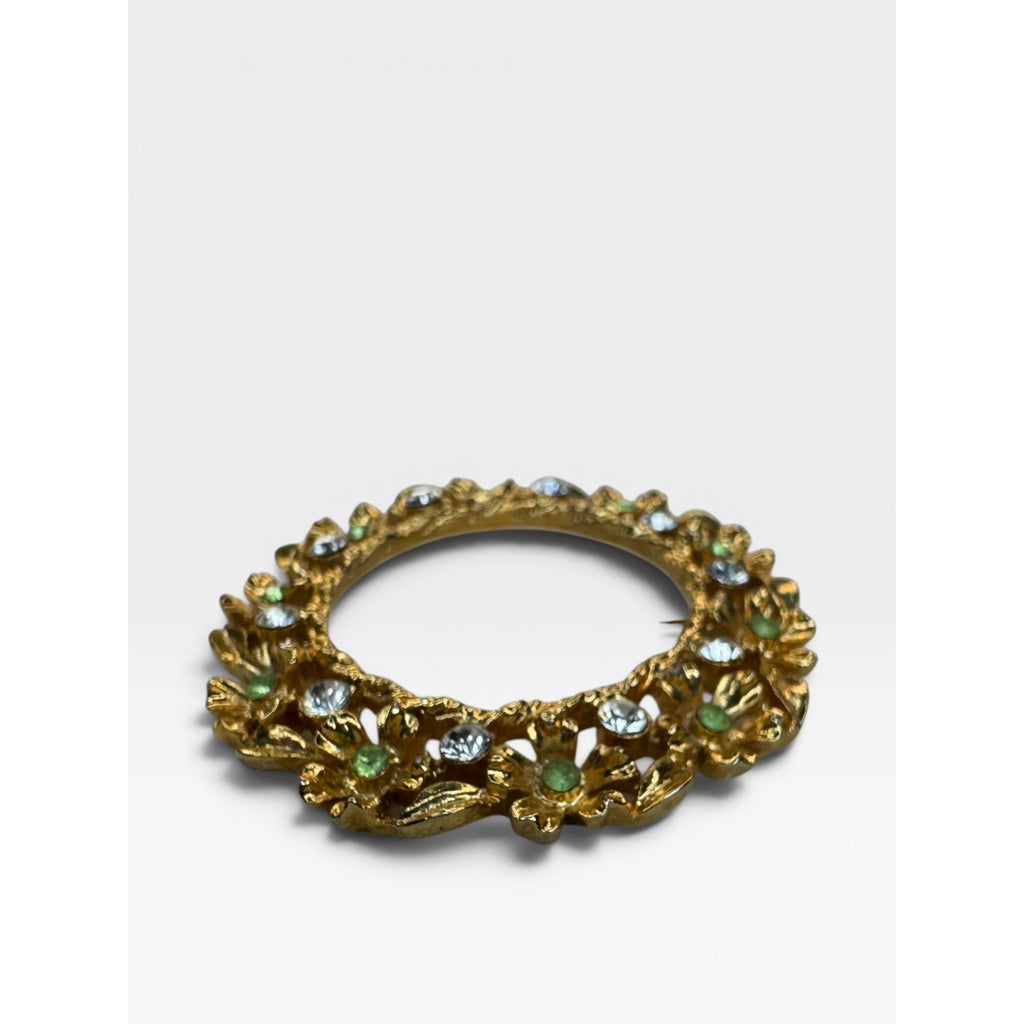 Rafaelian Floral Wreath Brooch Green White Crystal Gold Tone Pin