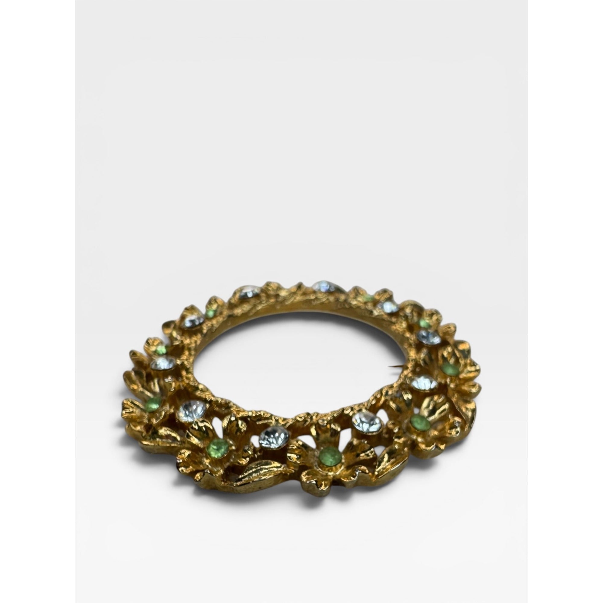 Rafaelian Floral Wreath Brooch Green White Crystal Gold Tone Pin