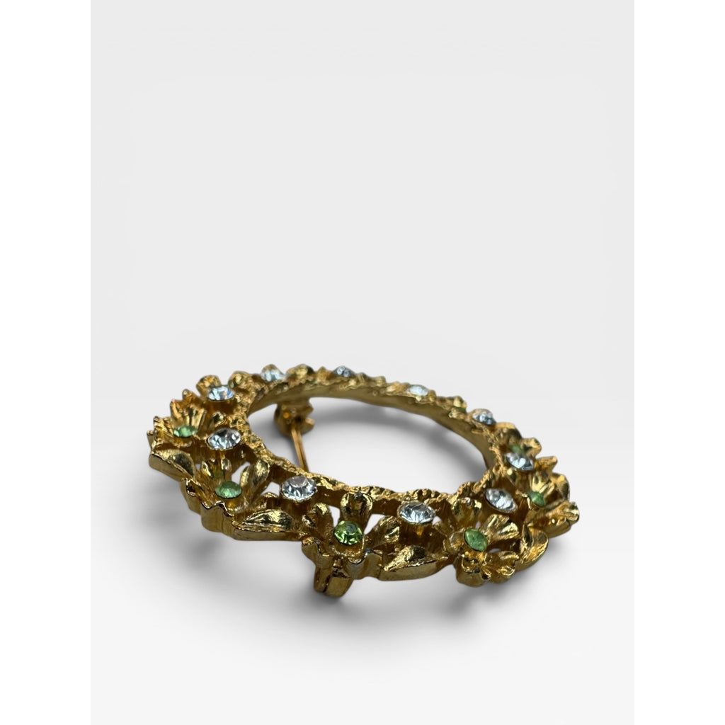 Rafaelian Floral Wreath Brooch Green White Crystal Gold Tone Pin