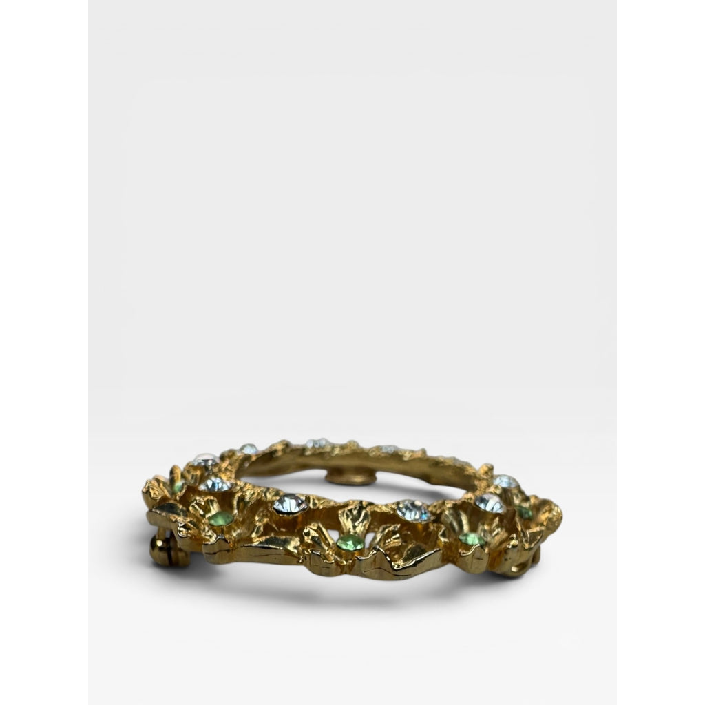 Rafaelian Floral Wreath Brooch Green White Crystal Gold Tone Pin