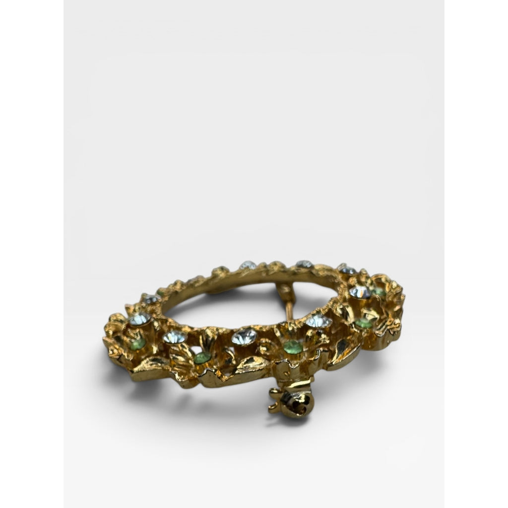 Rafaelian Floral Wreath Brooch Green White Crystal Gold Tone Pin