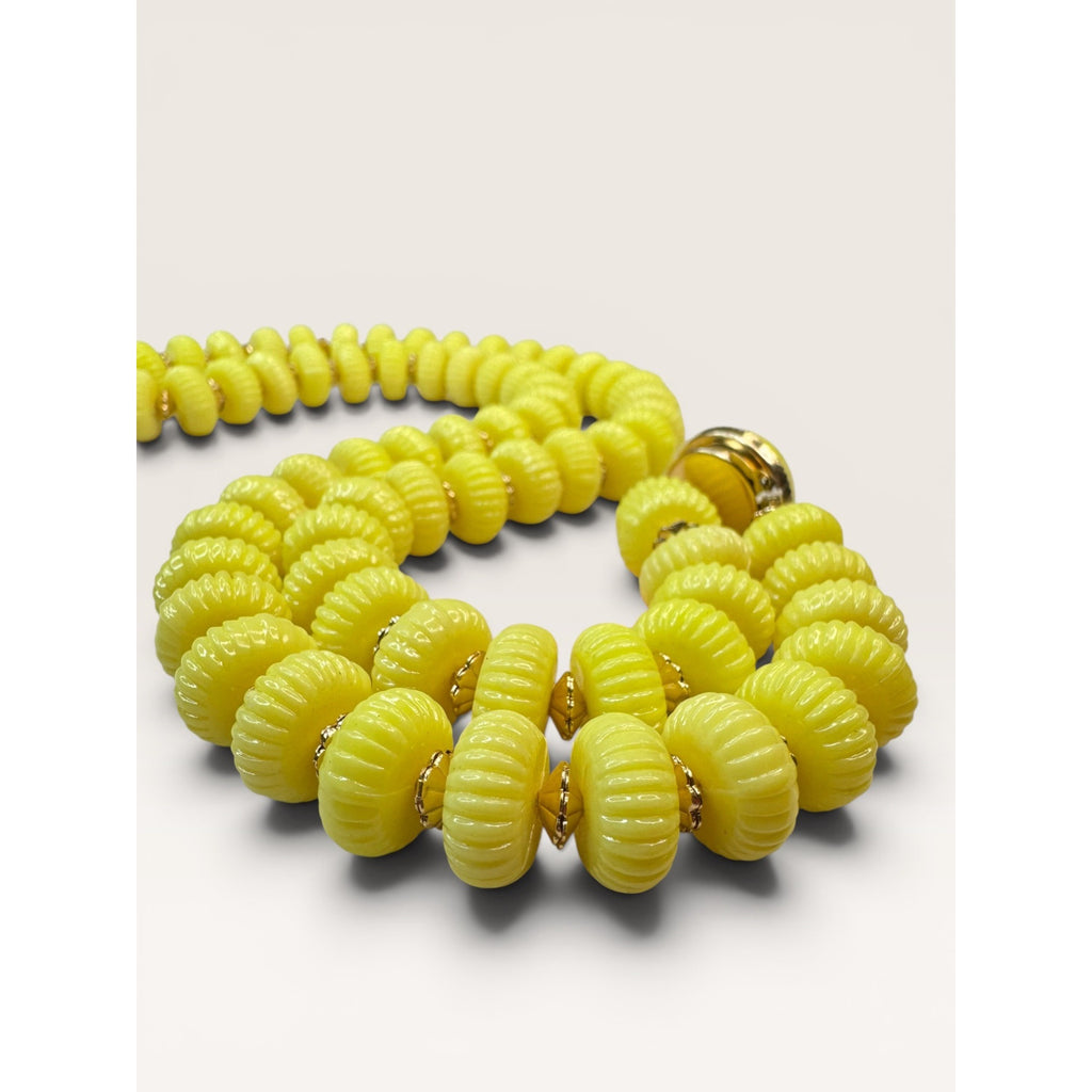 1960s Hong Kong Yellow Fluted Disc Bead Strand Necklace 28" Vintage