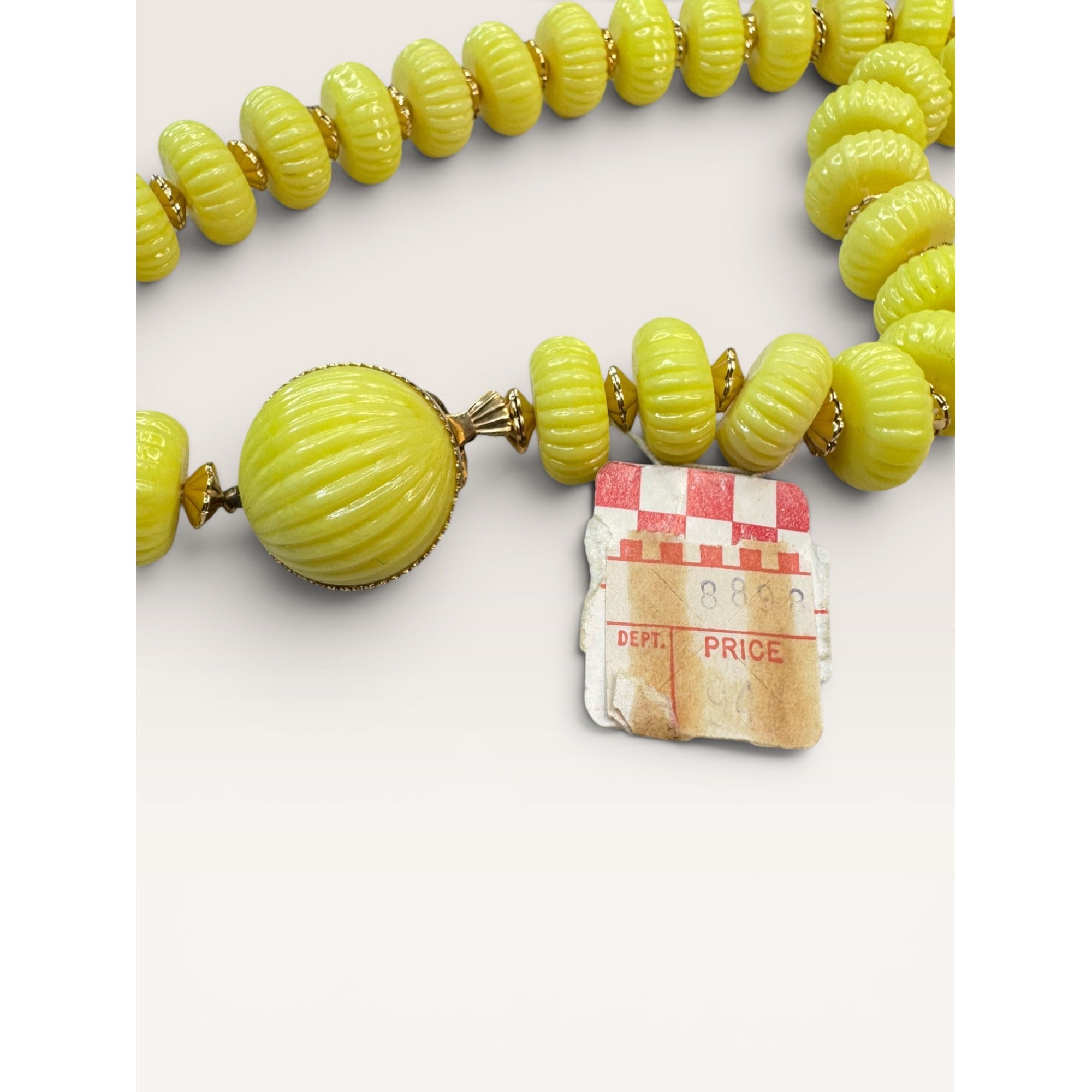 1960s Hong Kong Yellow Fluted Disc Bead Strand Necklace 28" Vintage