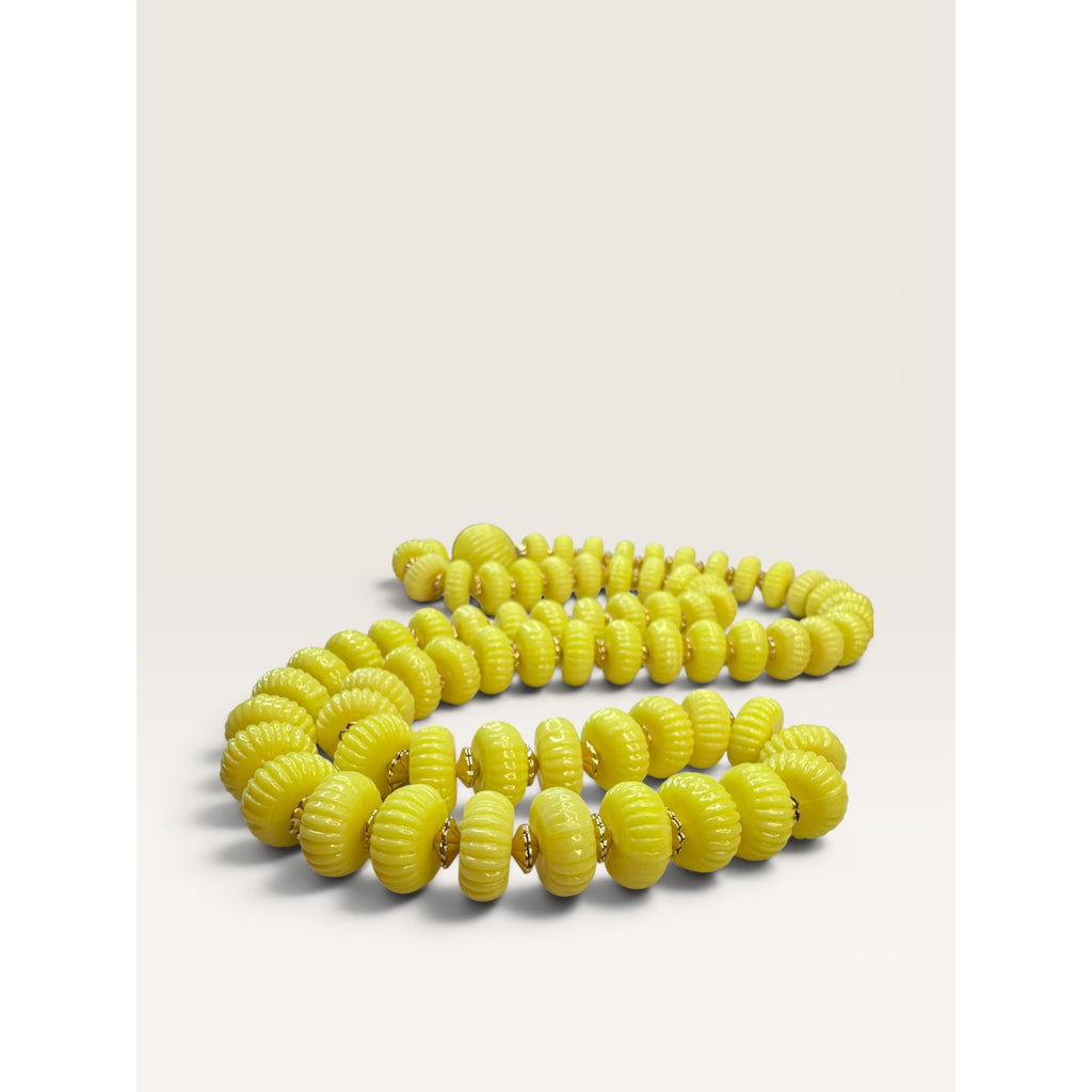 1960s Hong Kong Yellow Fluted Disc Bead Strand Necklace 28" Vintage