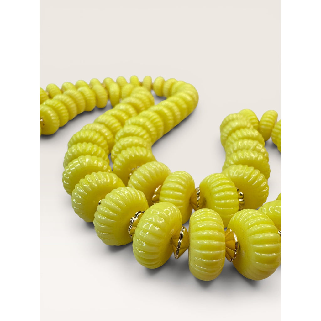 1960s Hong Kong Yellow Fluted Disc Bead Strand Necklace 28" Vintage