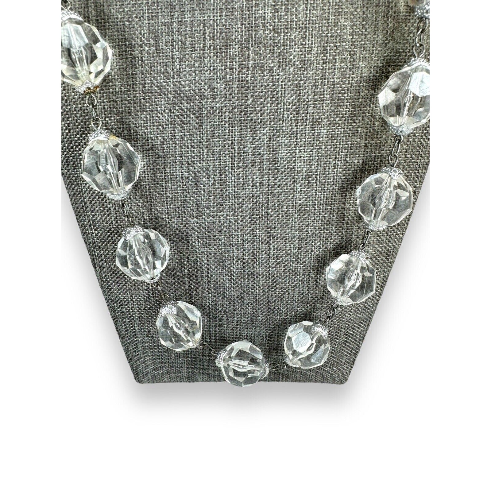 Vintage West Germany Clear Faceted Acrylic Station Necklace Silver Tone 26.75"