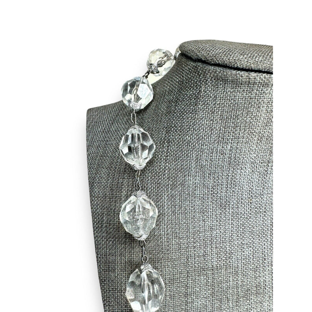Vintage West Germany Clear Faceted Acrylic Station Necklace Silver Tone 26.75"