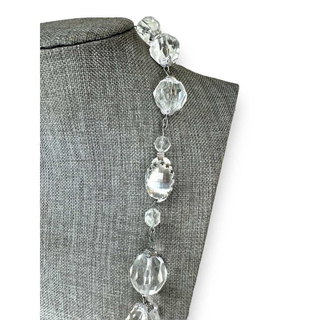 Vintage West Germany Clear Faceted Acrylic Station Necklace Silver Tone 26.75"