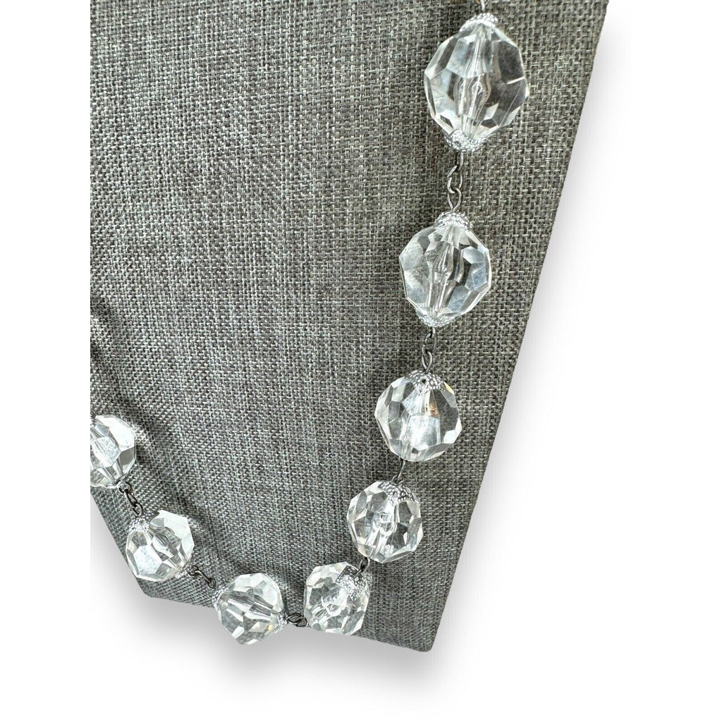 Vintage West Germany Clear Faceted Acrylic Station Necklace Silver Tone 26.75"