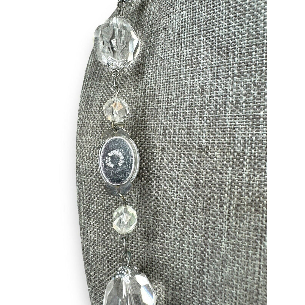 Vintage West Germany Clear Faceted Acrylic Station Necklace Silver Tone 26.75"