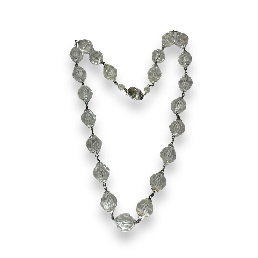 Vintage West Germany Clear Faceted Acrylic Station Necklace Silver Tone 26.75"