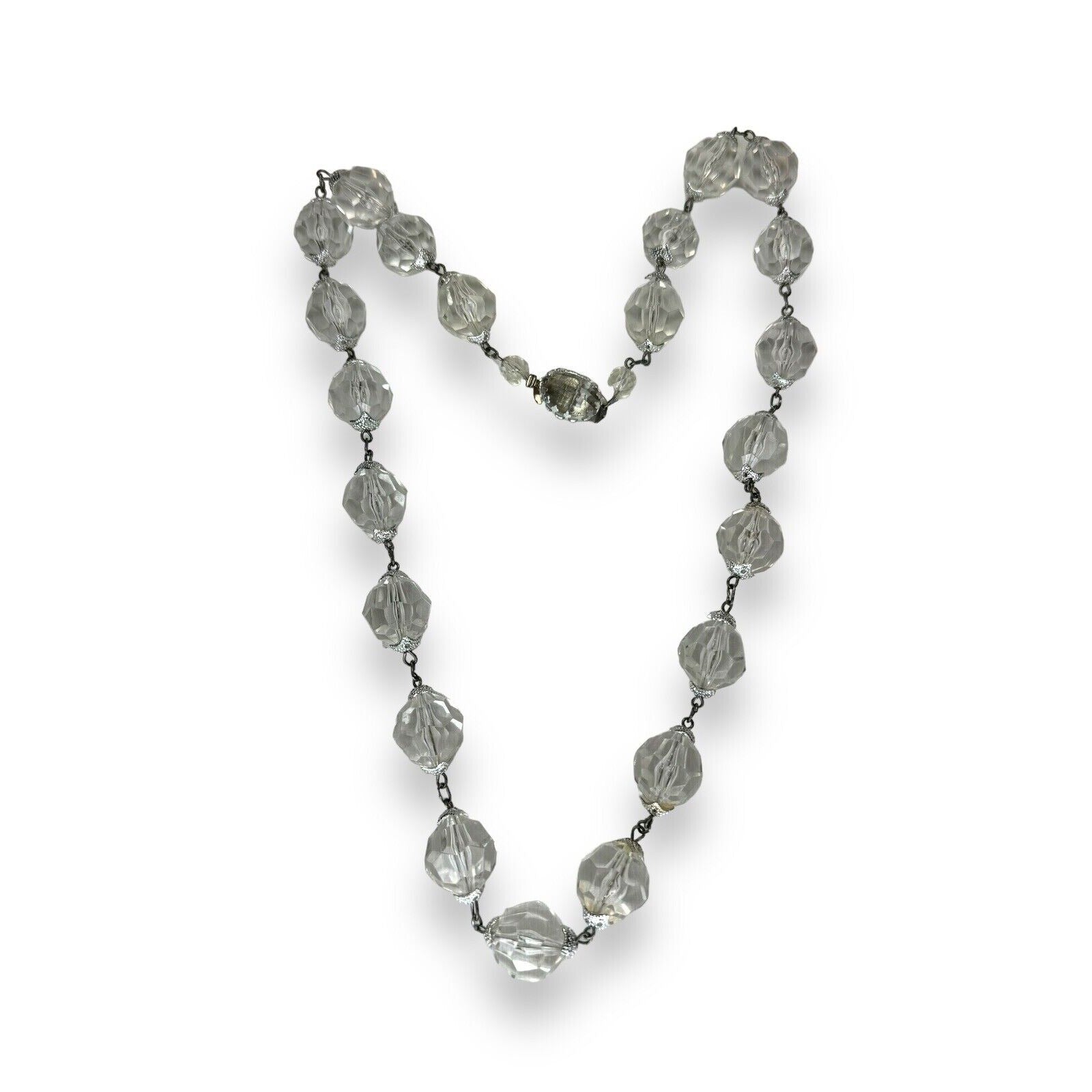 Vintage West Germany Clear Faceted Acrylic Station Necklace Silver Tone 26.75"
