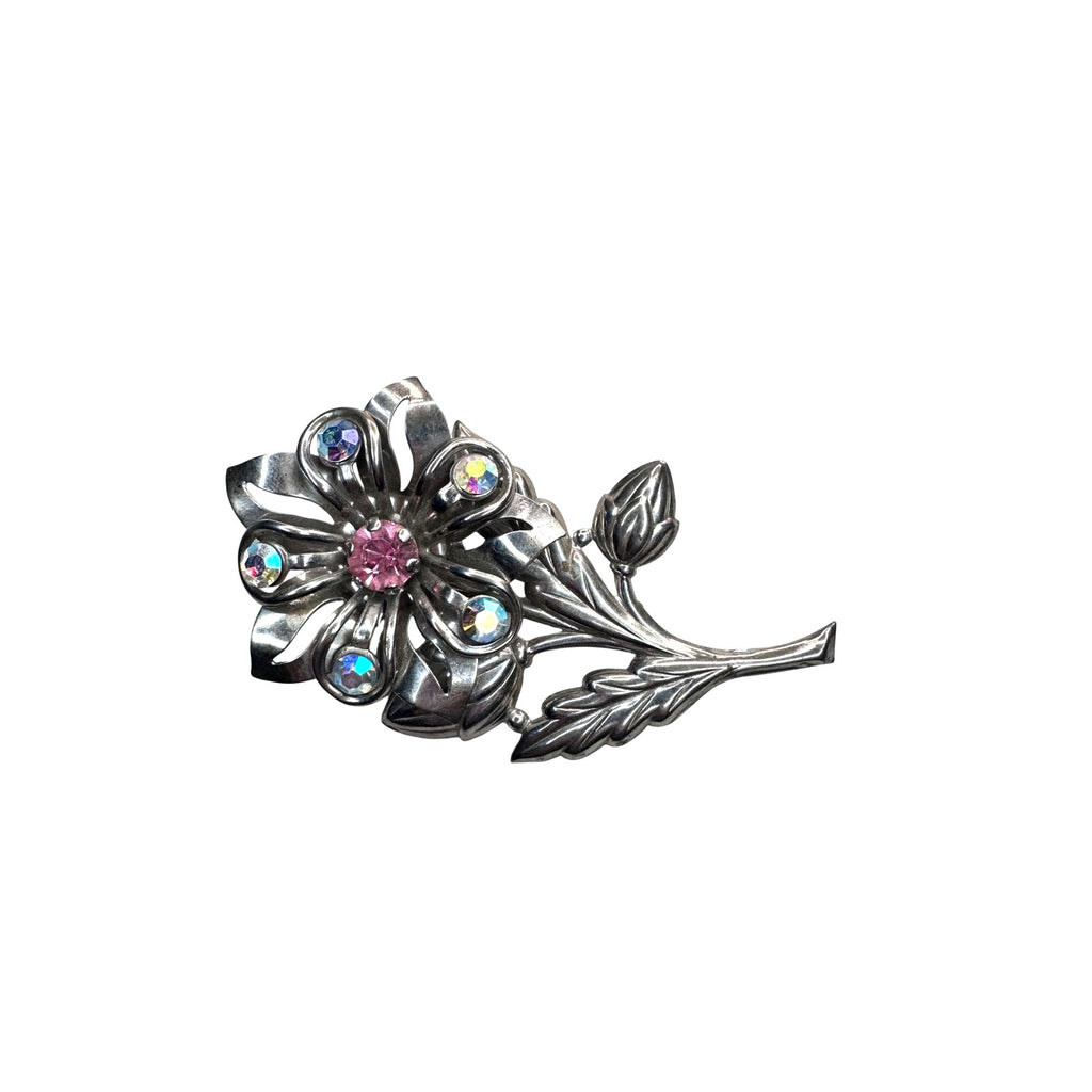 Unsigned Floral Brooch Silver Tone Pink Aurora Crystal Vintage