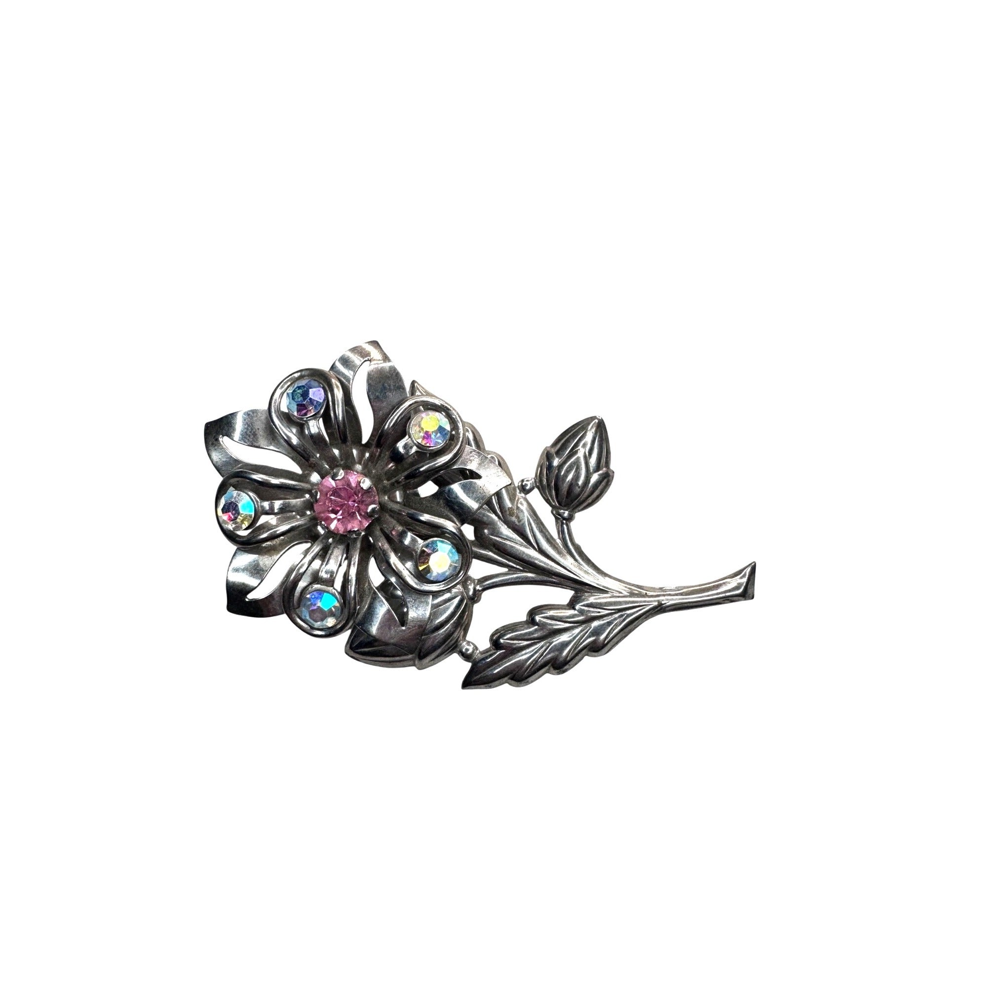 Unsigned Floral Brooch Silver Tone Pink Aurora Crystal Vintage