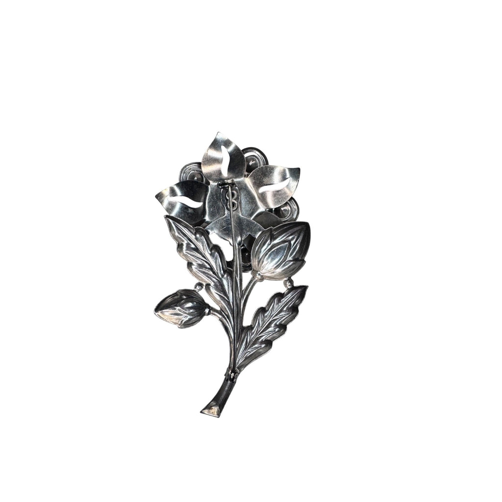 Unsigned Floral Brooch Silver Tone Pink Aurora Crystal Vintage