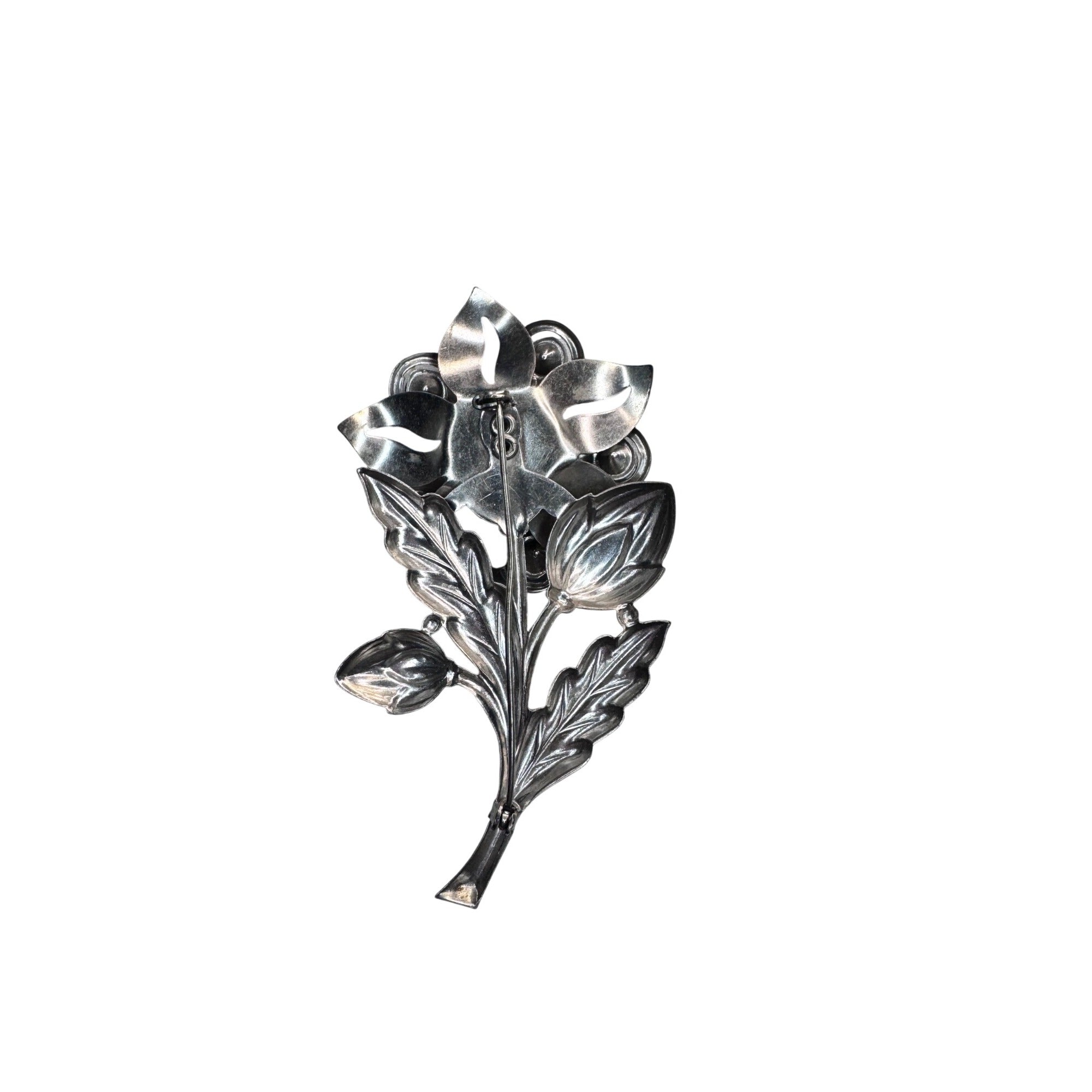 Unsigned Floral Brooch Silver Tone Pink Aurora Crystal Vintage