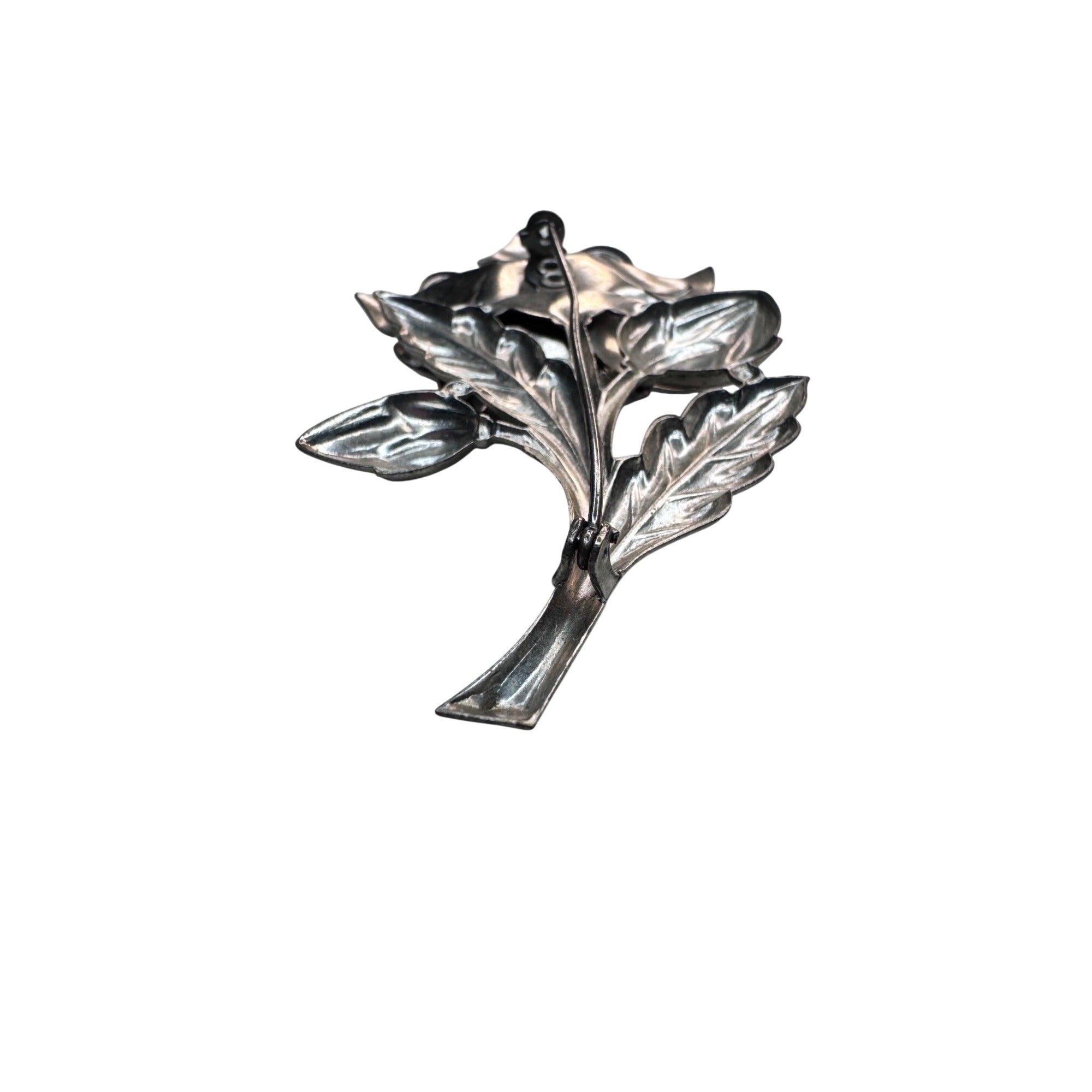 Unsigned Floral Brooch Silver Tone Pink Aurora Crystal Vintage