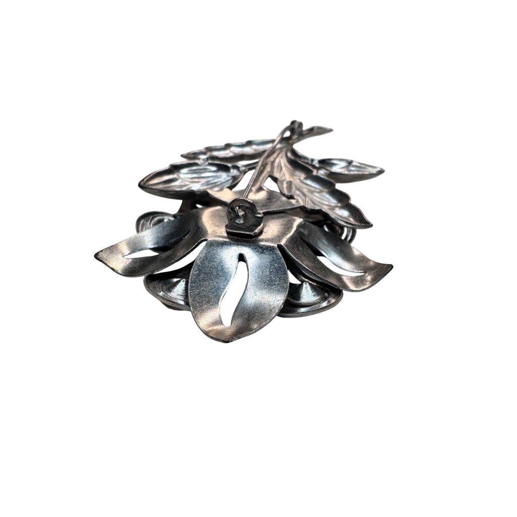 Unsigned Floral Brooch Silver Tone Pink Aurora Crystal Vintage