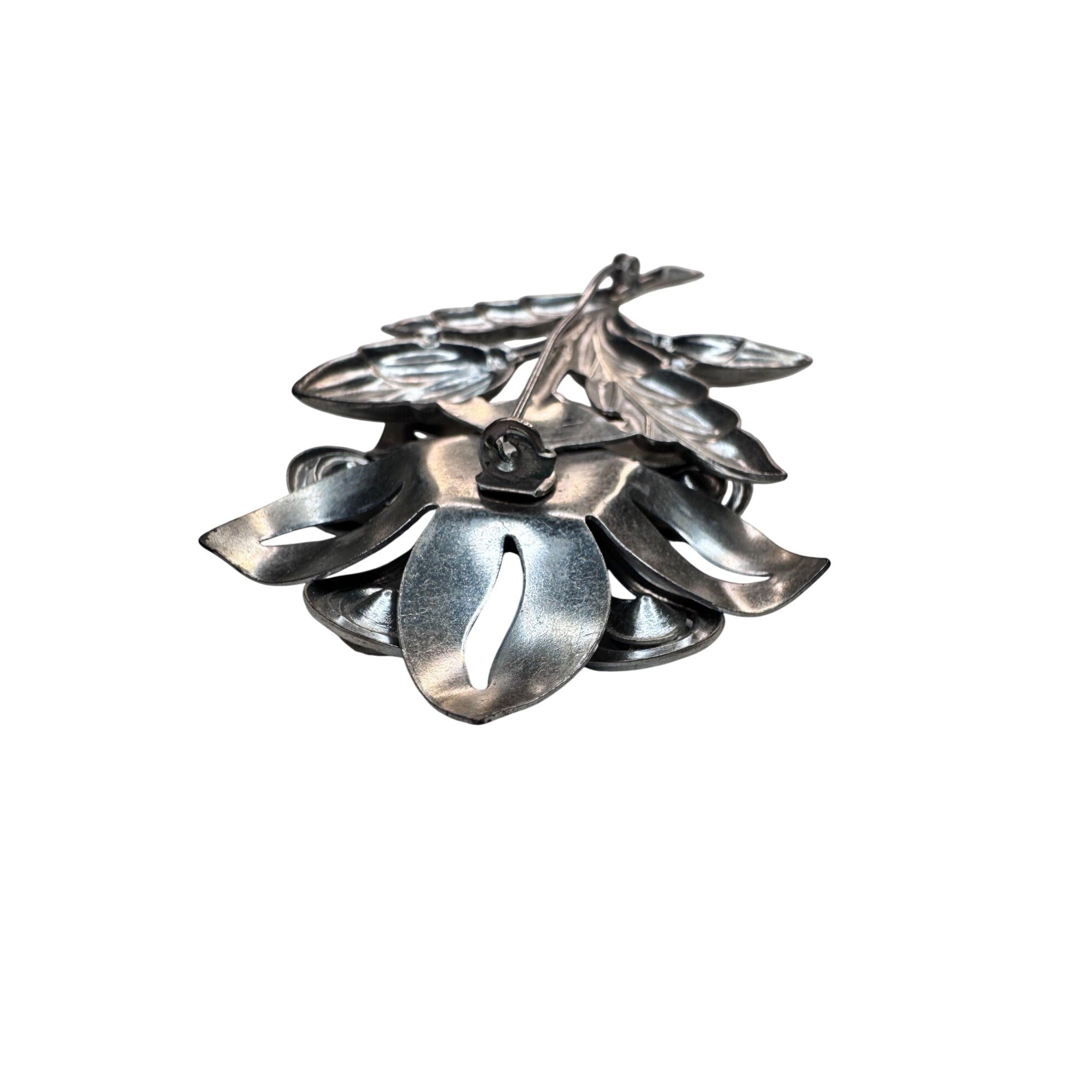 Unsigned Floral Brooch Silver Tone Pink Aurora Crystal Vintage