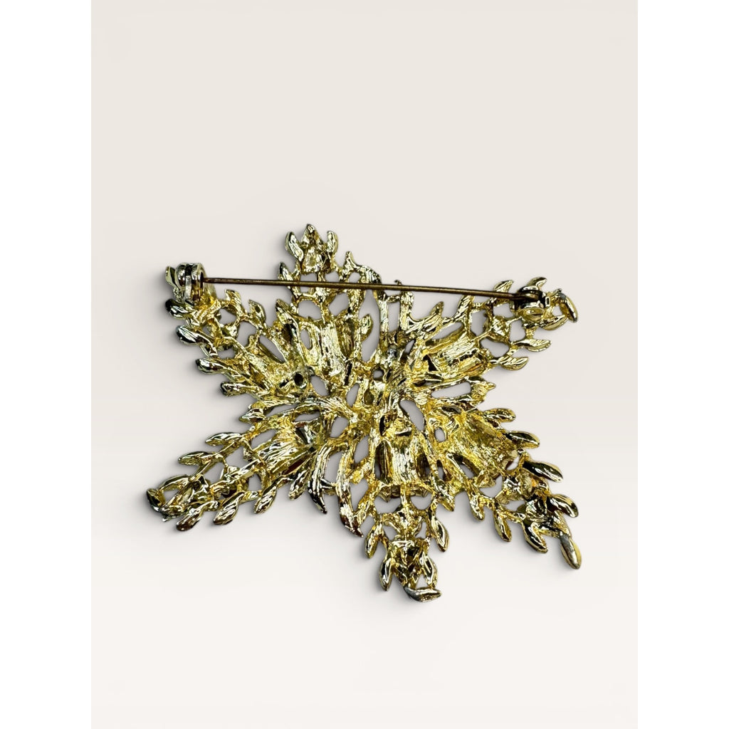 1950s Green Blue Crystal Gold Tone Abstract Foliage Brooch Vintage