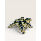 1950s Green Blue Crystal Gold Tone Abstract Foliage Brooch Vintage