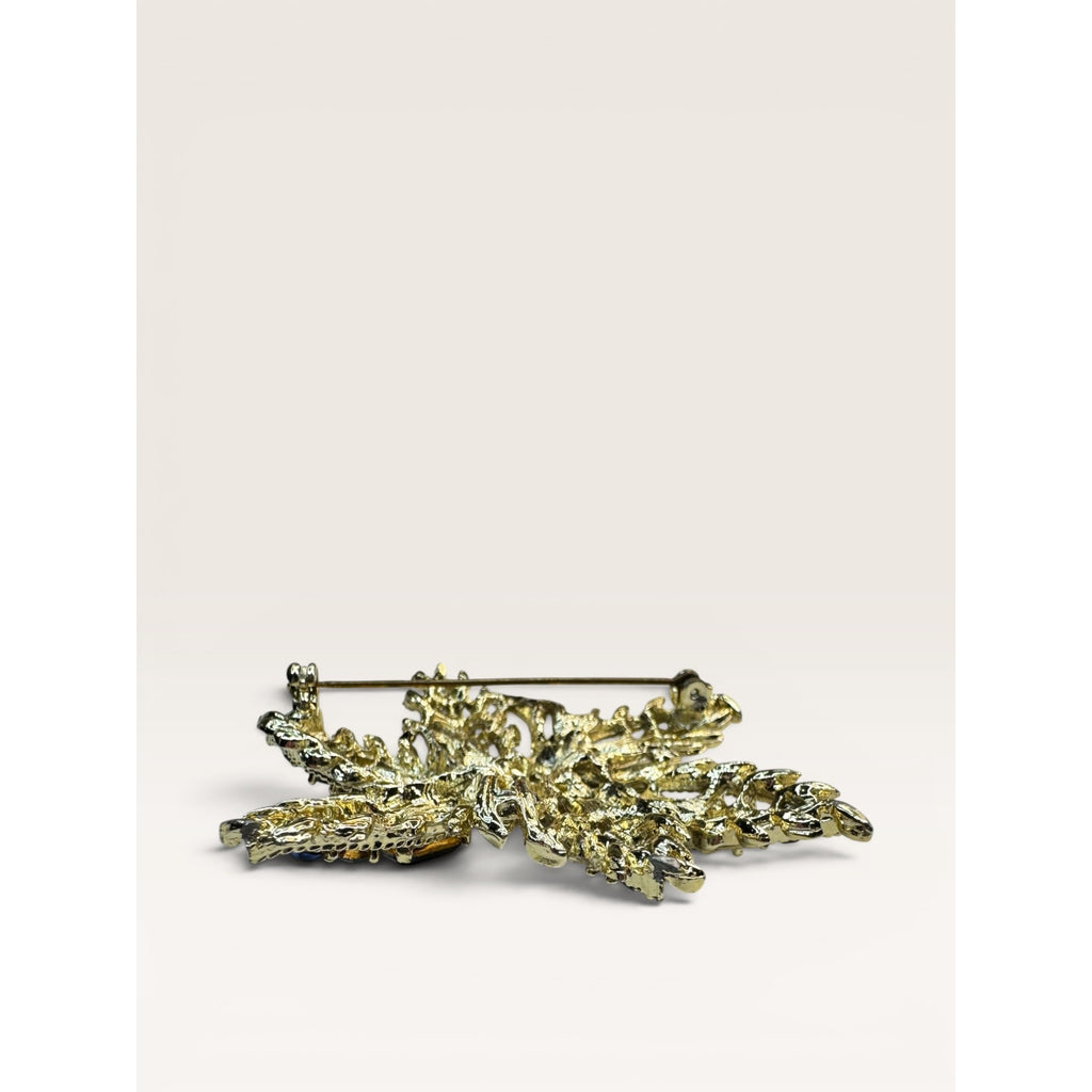 1950s Green Blue Crystal Gold Tone Abstract Foliage Brooch Vintage