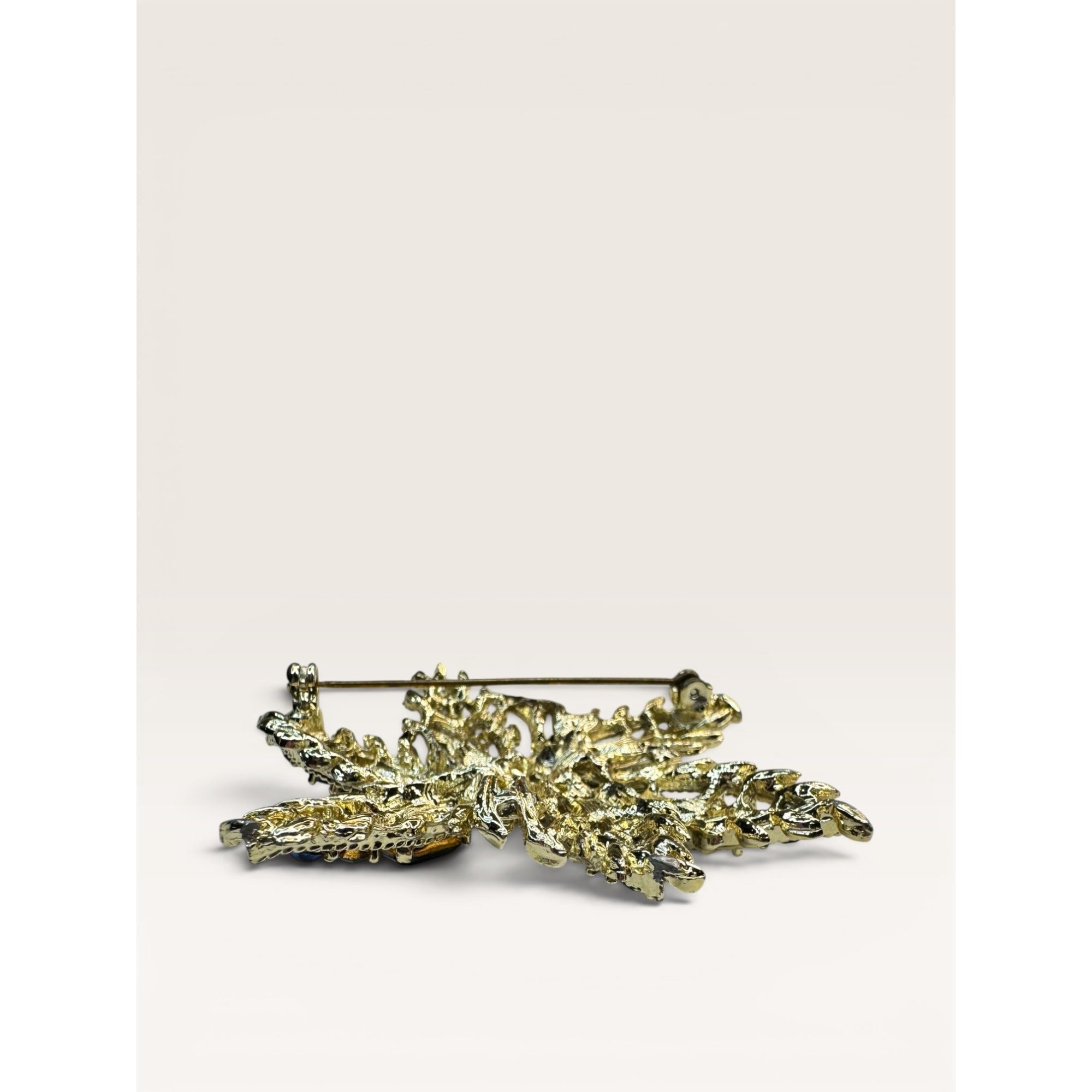 1950s Green Blue Crystal Gold Tone Abstract Foliage Brooch Vintage