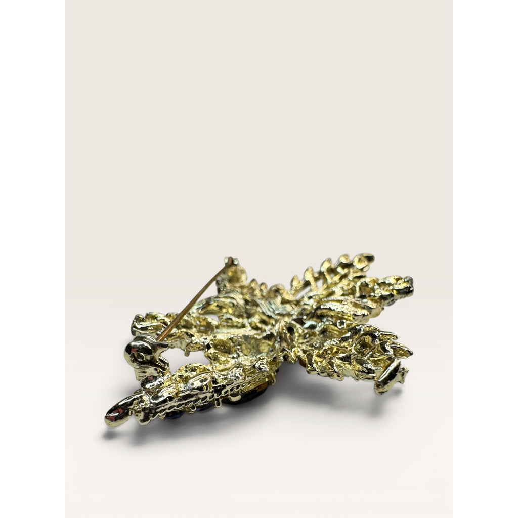 1950s Green Blue Crystal Gold Tone Abstract Foliage Brooch Vintage