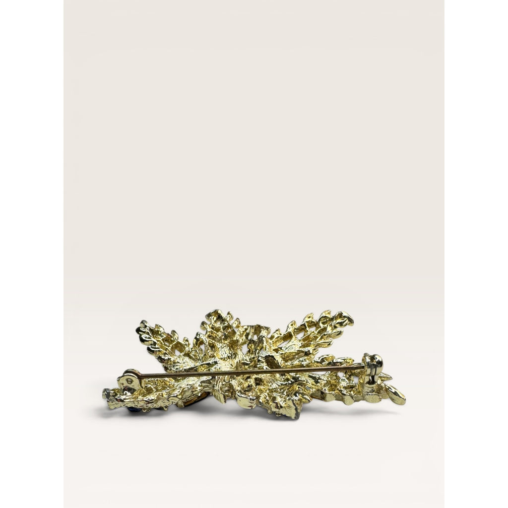 1950s Green Blue Crystal Gold Tone Abstract Foliage Brooch Vintage