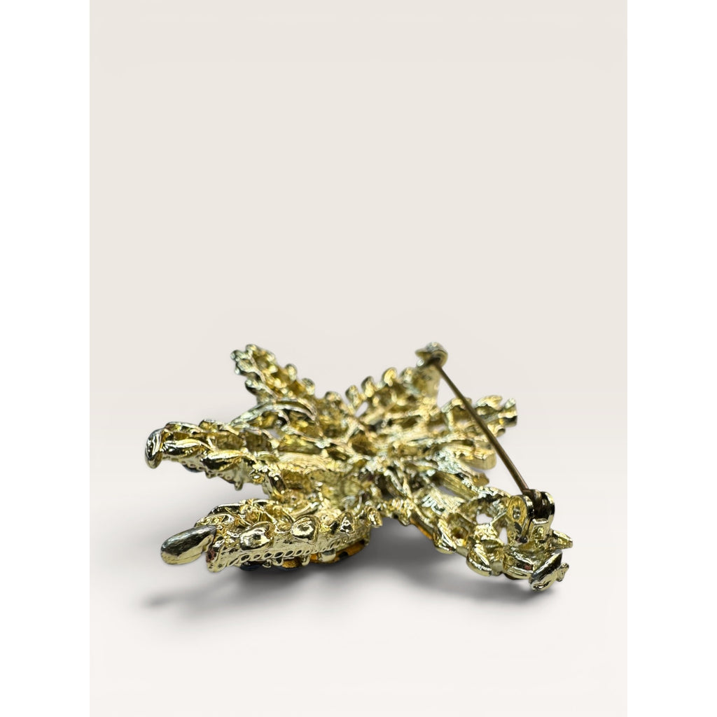 1950s Green Blue Crystal Gold Tone Abstract Foliage Brooch Vintage