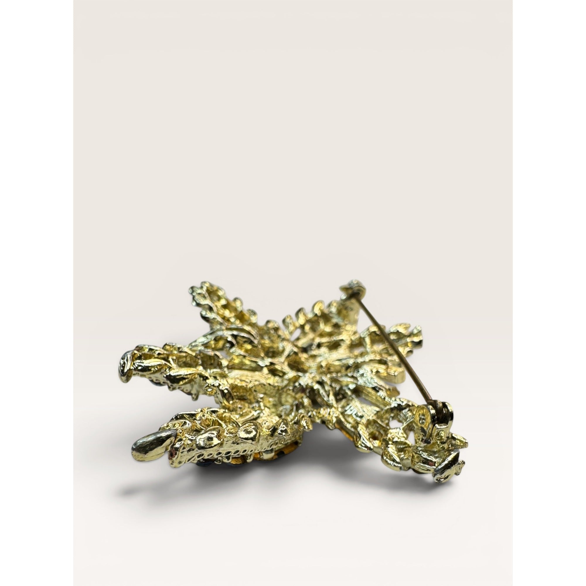 1950s Green Blue Crystal Gold Tone Abstract Foliage Brooch Vintage